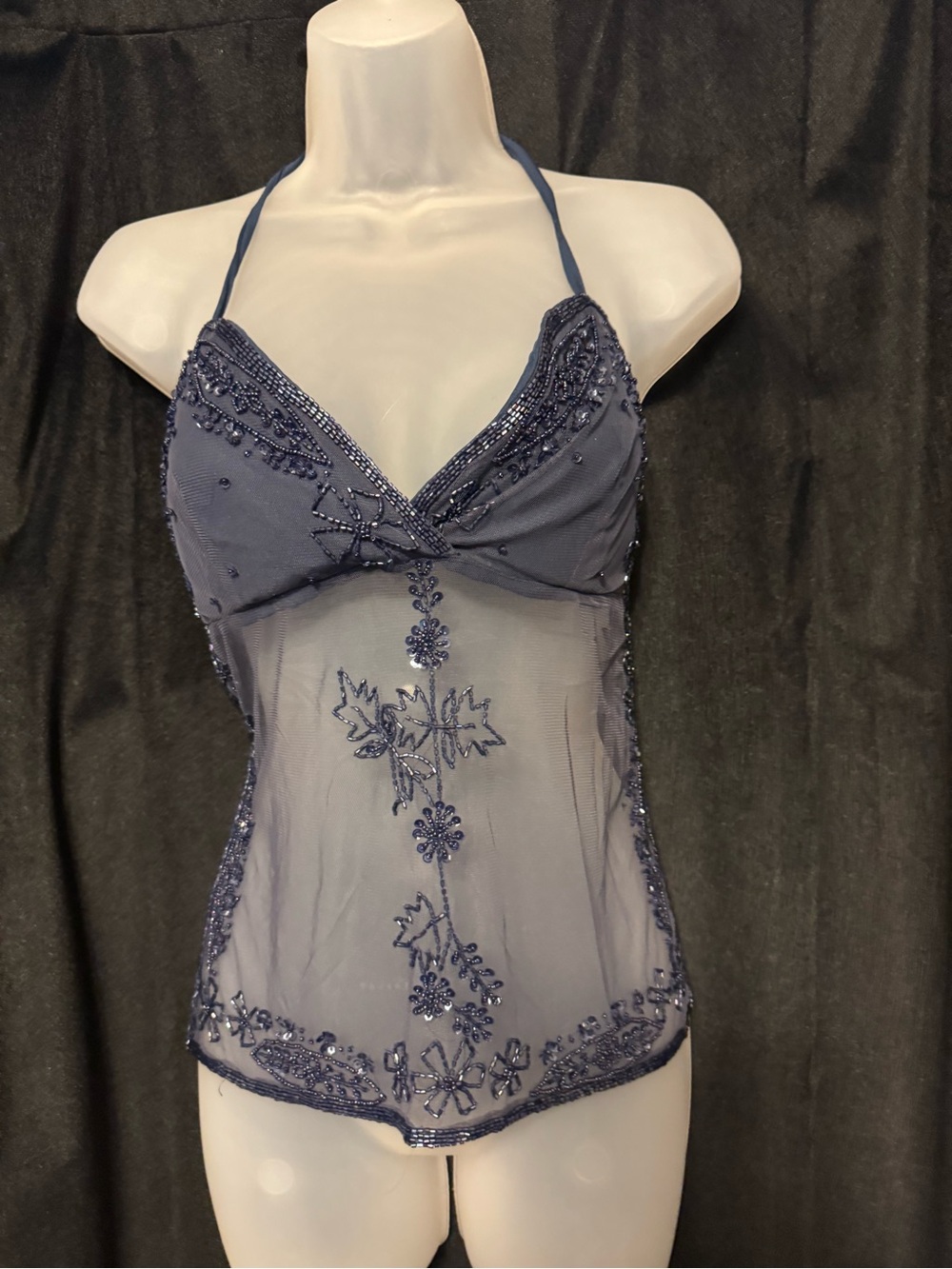 Fashion Nova Navy Blue Beaded Halter Sheer Camisole